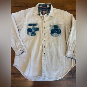 Woolrich Corduroy Button Up Shirt Men’s XL Garment Dyed Blue Cream